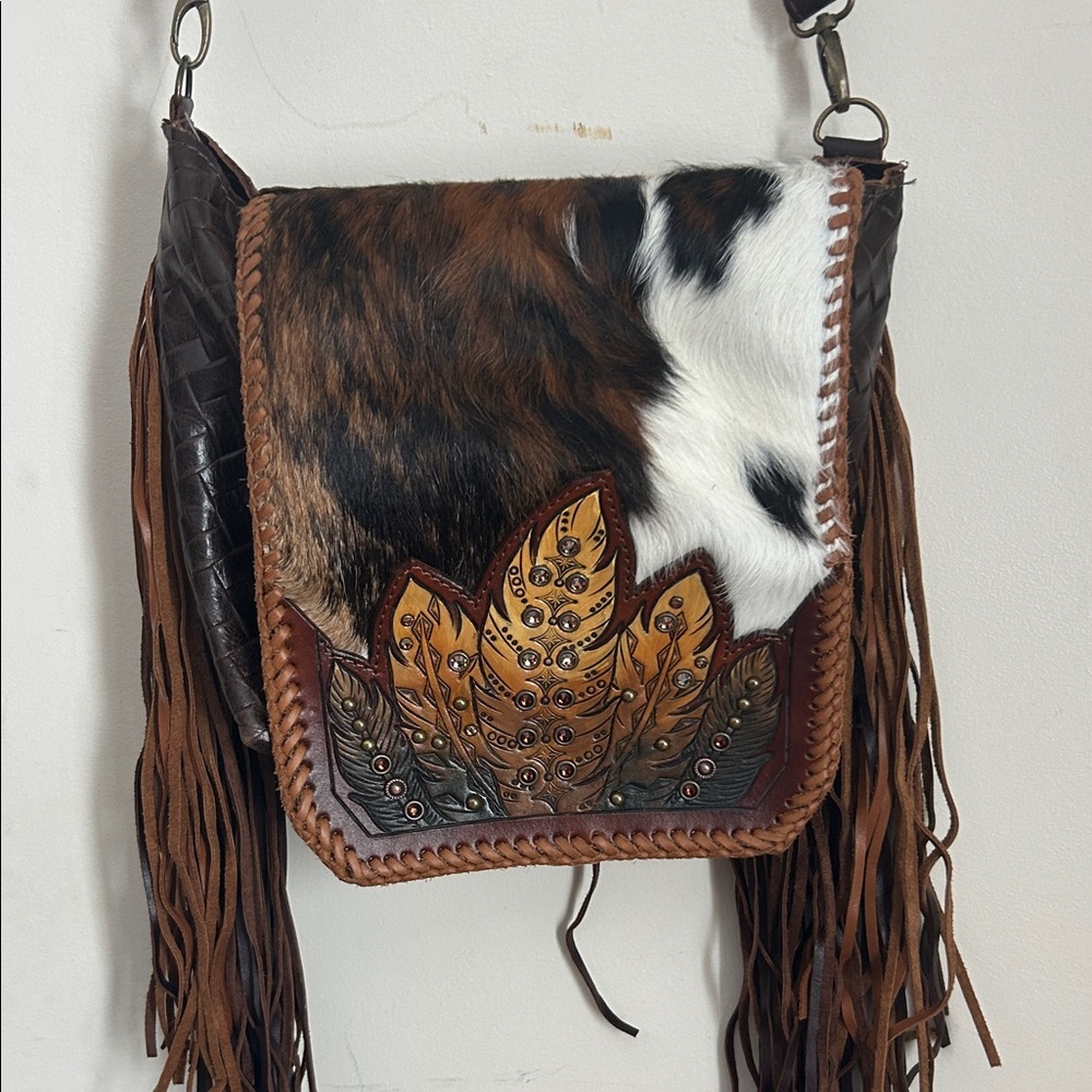 Wild horse Leather Crossbody Bag with Fringe